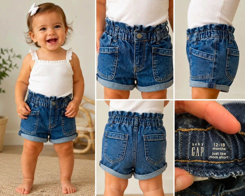 Baby Gap Denim Jean Shorts 12-18 Months Paperbag Waist Cuffed Hem Blue